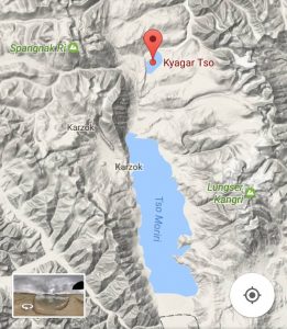 Kyagar Tso & Tsomoriri lake in a map. Distance between lakes is 30 km
